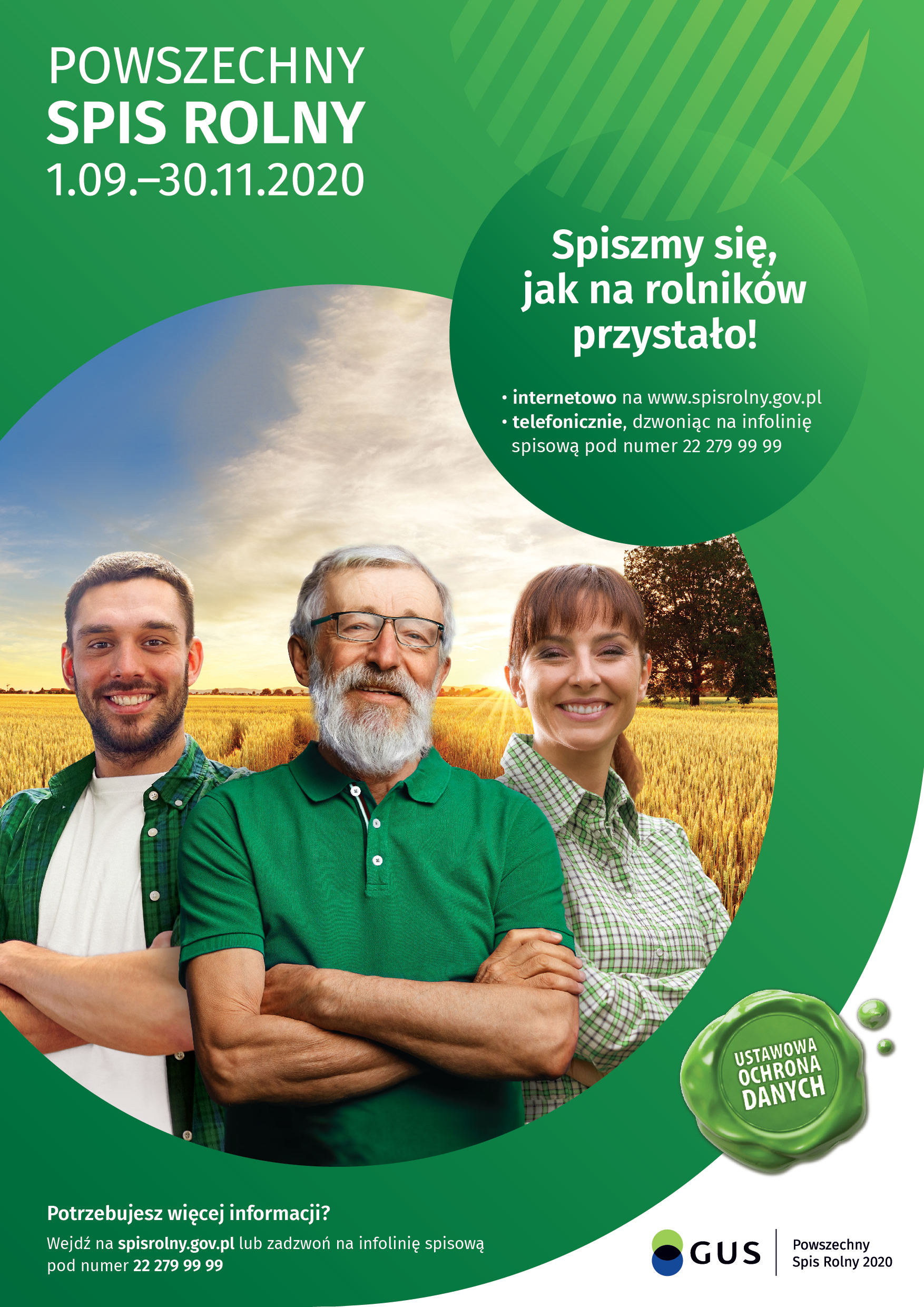 Plakat informujący o spisie rolnym - trzy uśmiechnięte osoby na tle zboża